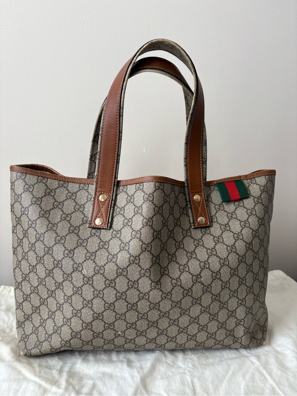 Gucci Beige GG Canvas Tote with Brown Leather Handles
